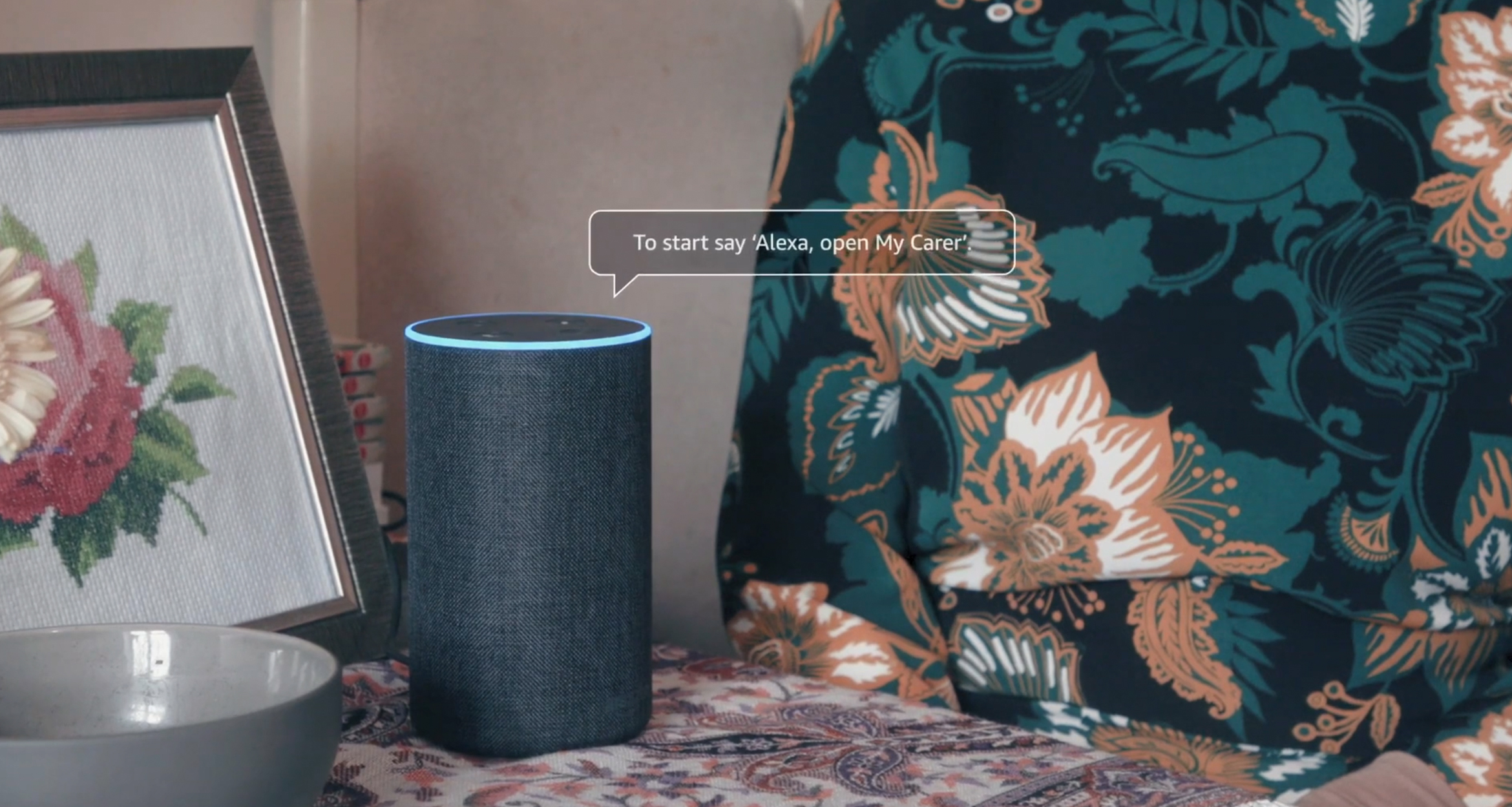 Amazon Alexa device displaying message from My Carer by Alzheimer’s Society 
