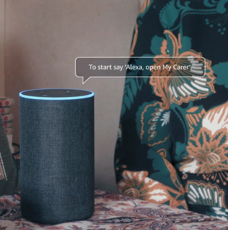 Amazon Alexa device displaying message from My Carer by Alzheimer’s Society 