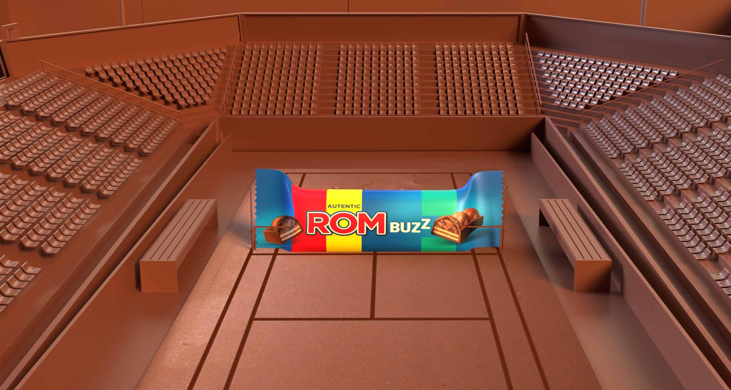 ROM Buzz candy bar in chocolate tennis stadium