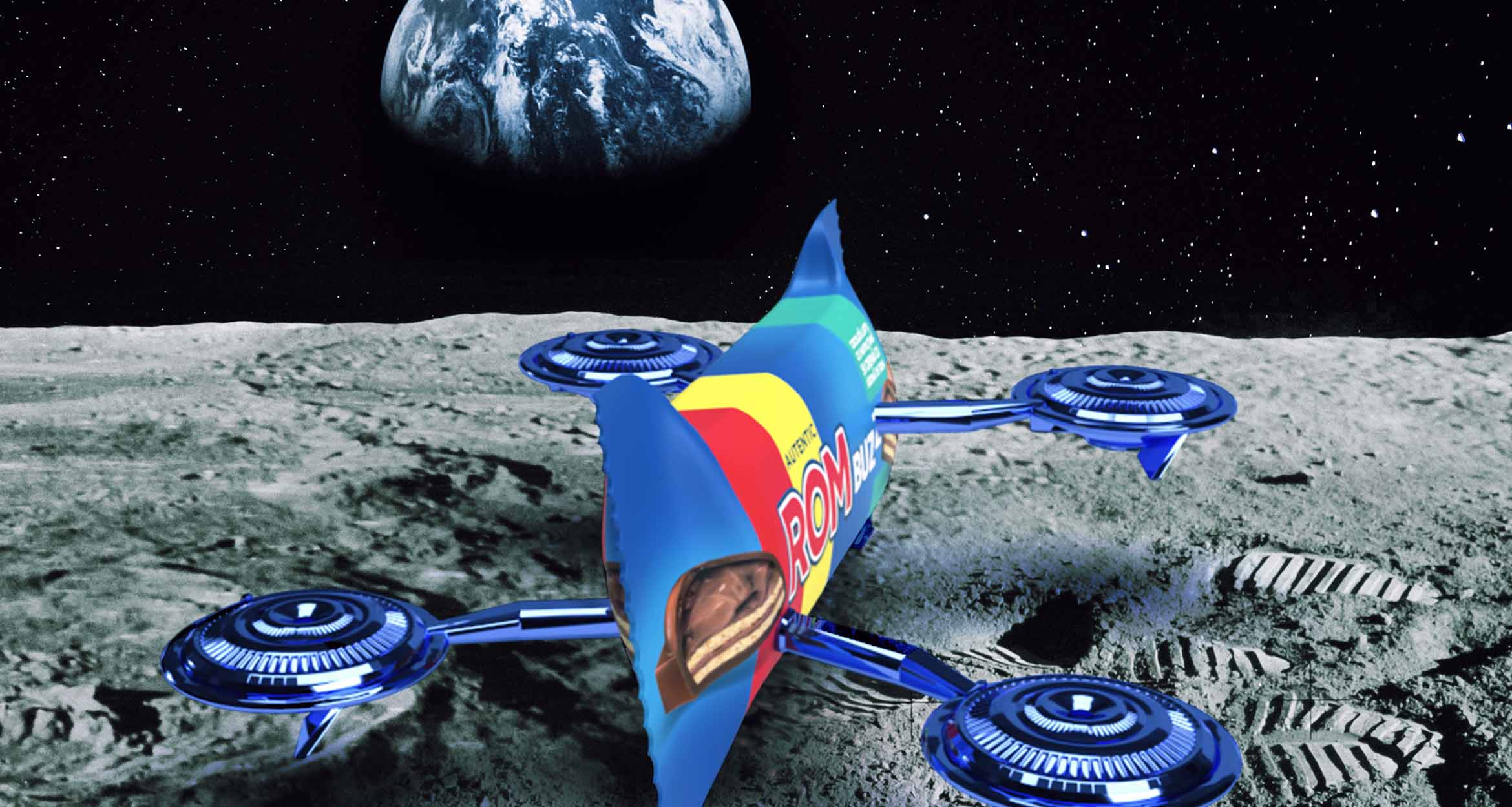 ROM Buzz candy bar spaceship on the Moon looking out at Earth 