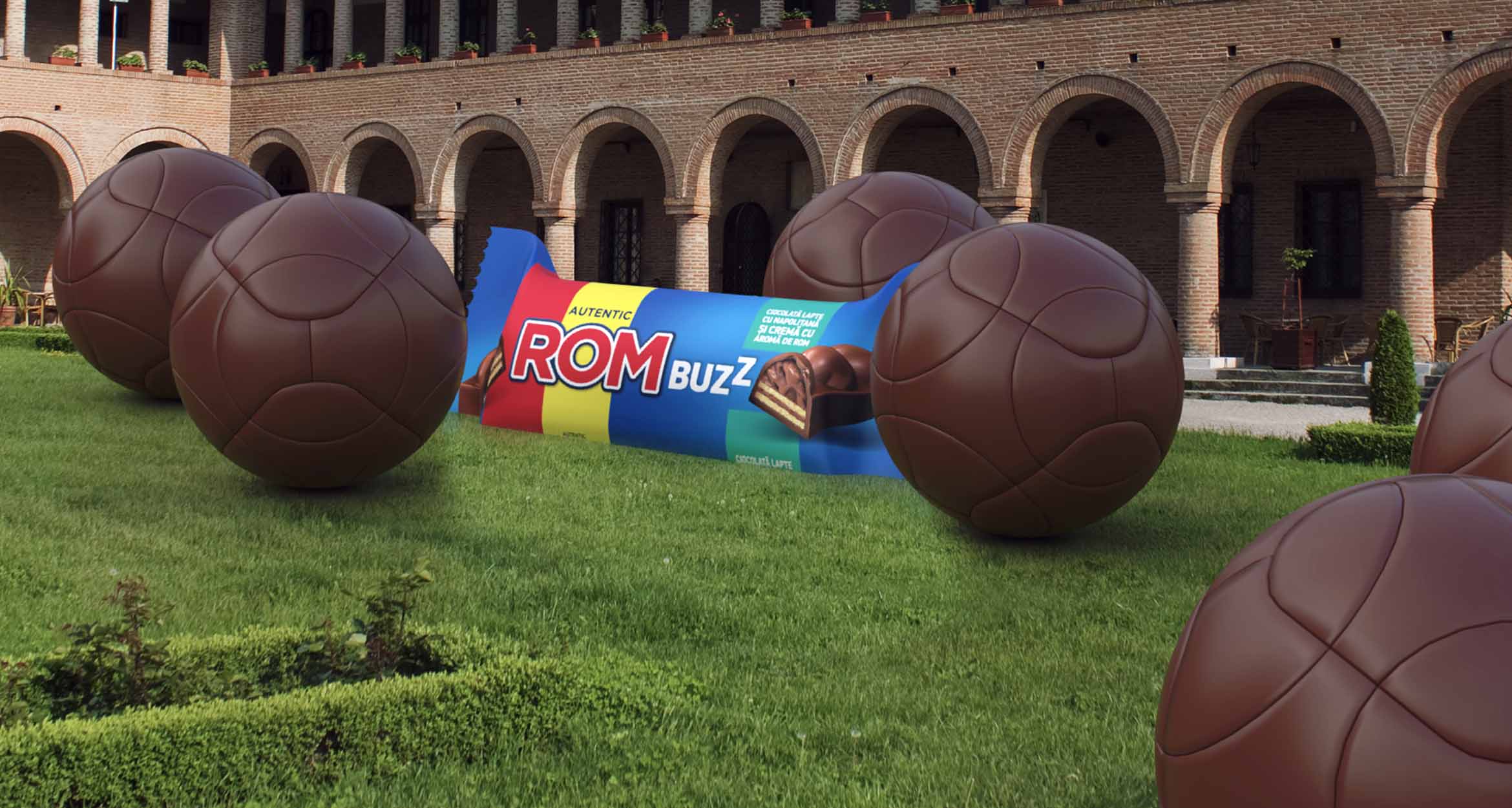 ROM Buzz candy bar in wrapper in a courtyard among giant chocolate footballs