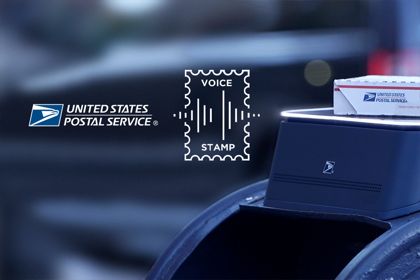 Blue postal service mailbox with package on top and Voice Stamp logo