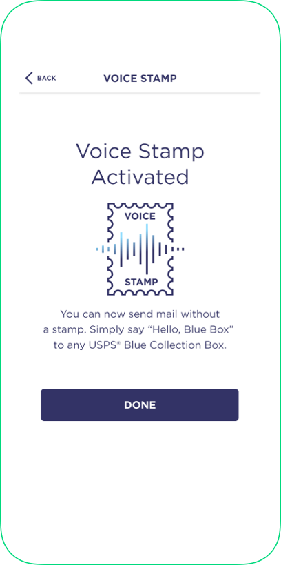 Voice Stamp smartphone app screenshot; Activated
