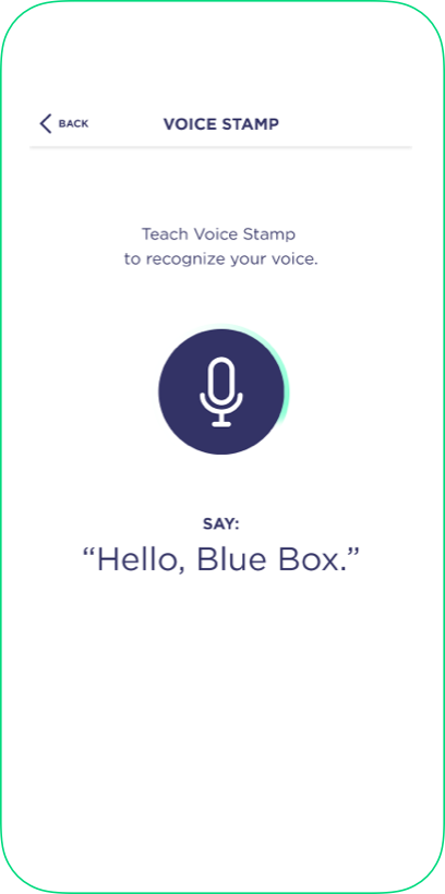 Voice Stamp smartphone app screenshot: Hello Blue Box