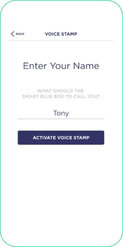 Voice Stamp smartphone app screenshot: Enter Name