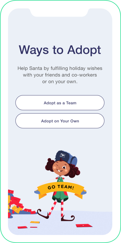 Operation Santa smartphone app screenshot: Ways to Adopt 