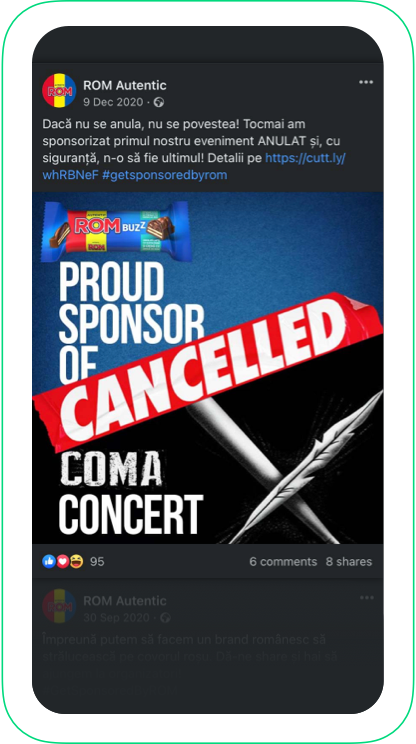 ROM Social Post Screenshot: Proud Sponsor of Cancelled Coma Concert